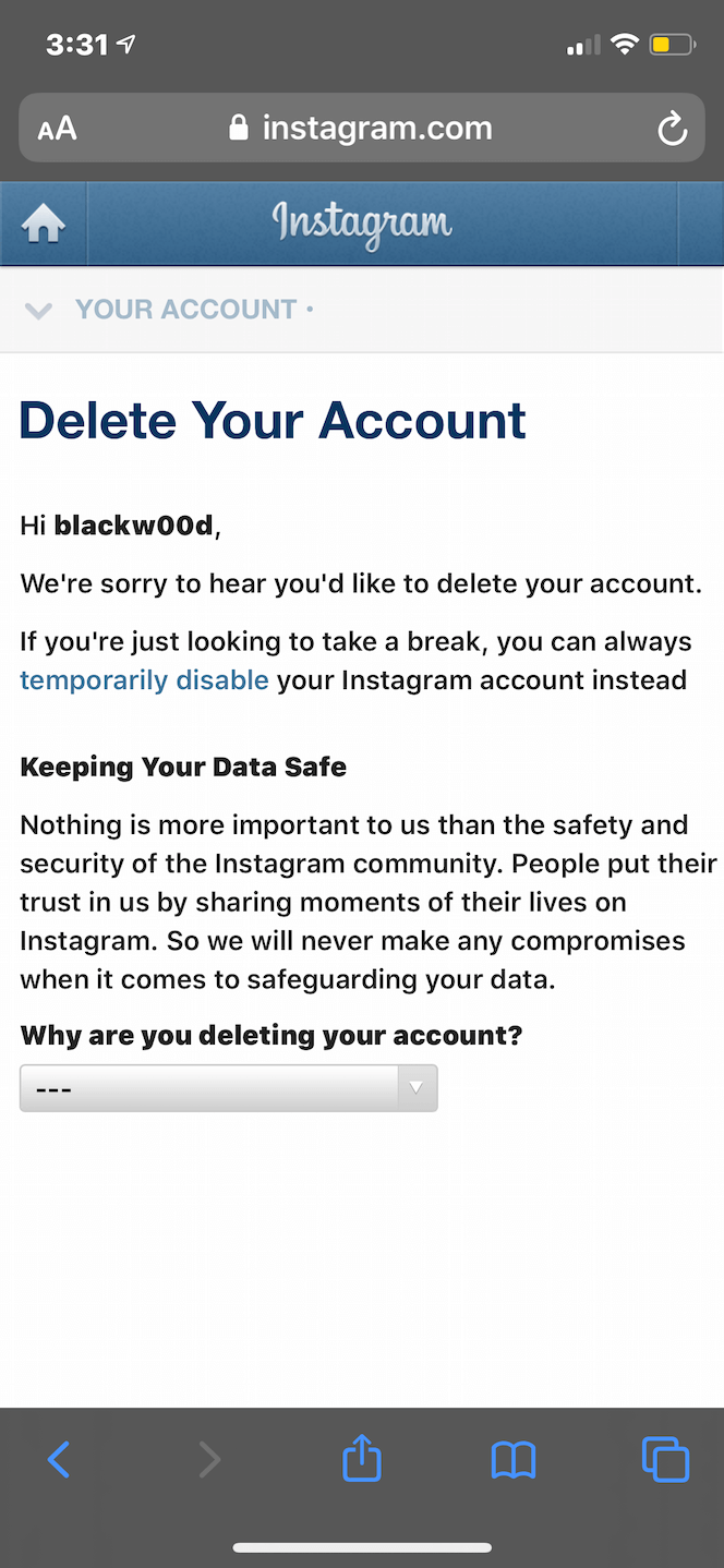 How to delete instagram account iphone app