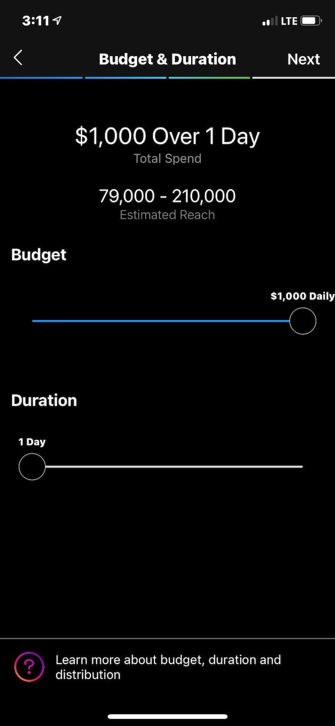 Screenshot showing how to set a budget for Instagram ad