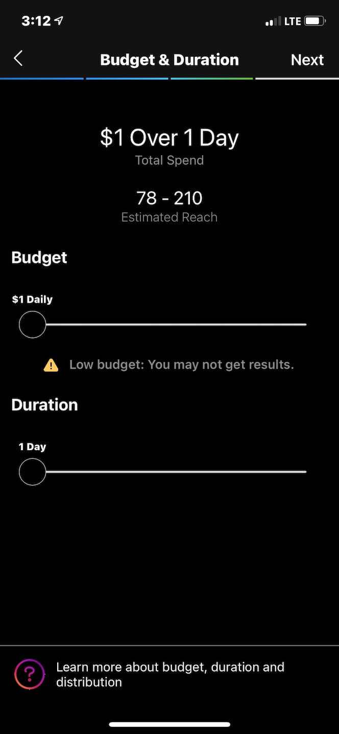 Second screenshot showing how to set a budget for Instagram ad