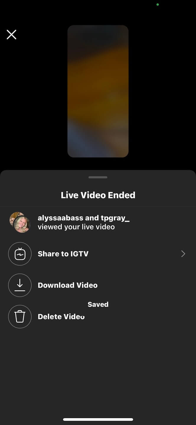 Screenshot showing you what it looks like when you save your Instagram Live video