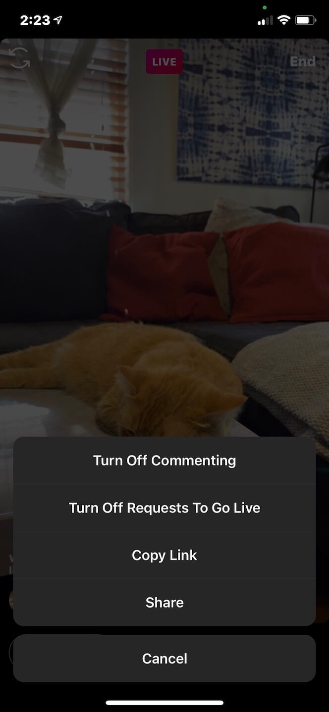 Screenshot showing you how to turn off commenting on Instagram Live