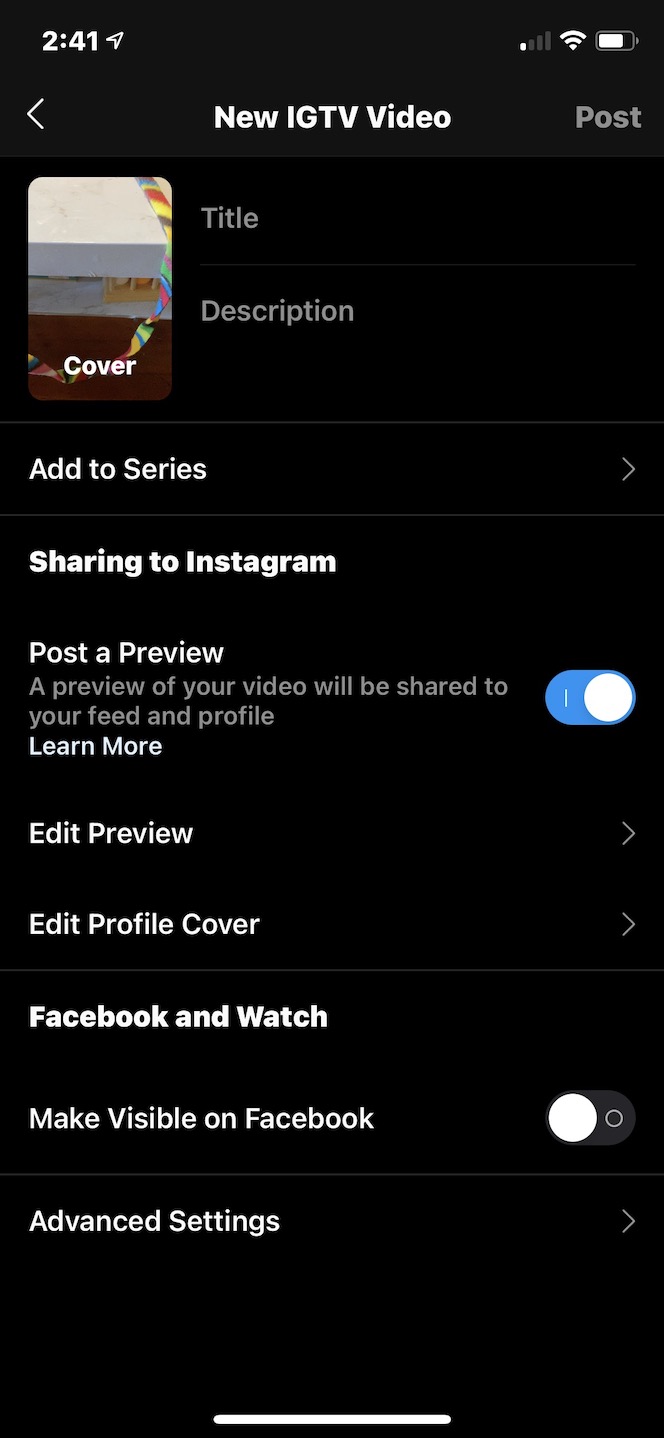 Screenshot showing how to post a preview of IGTV video