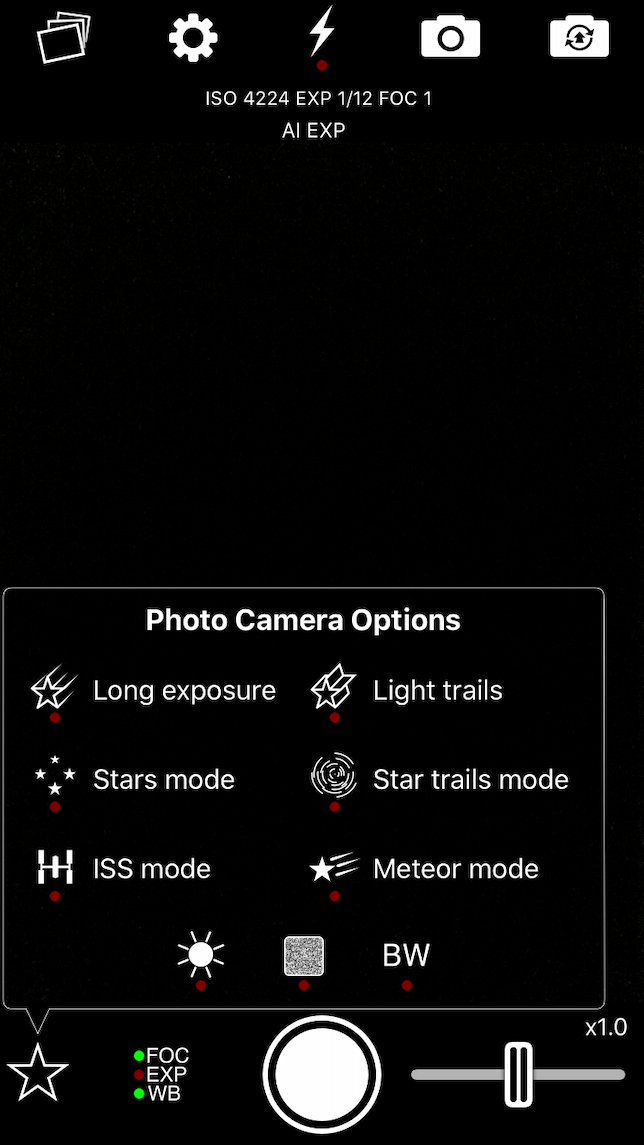 photo camera options on NightCap app for star photography