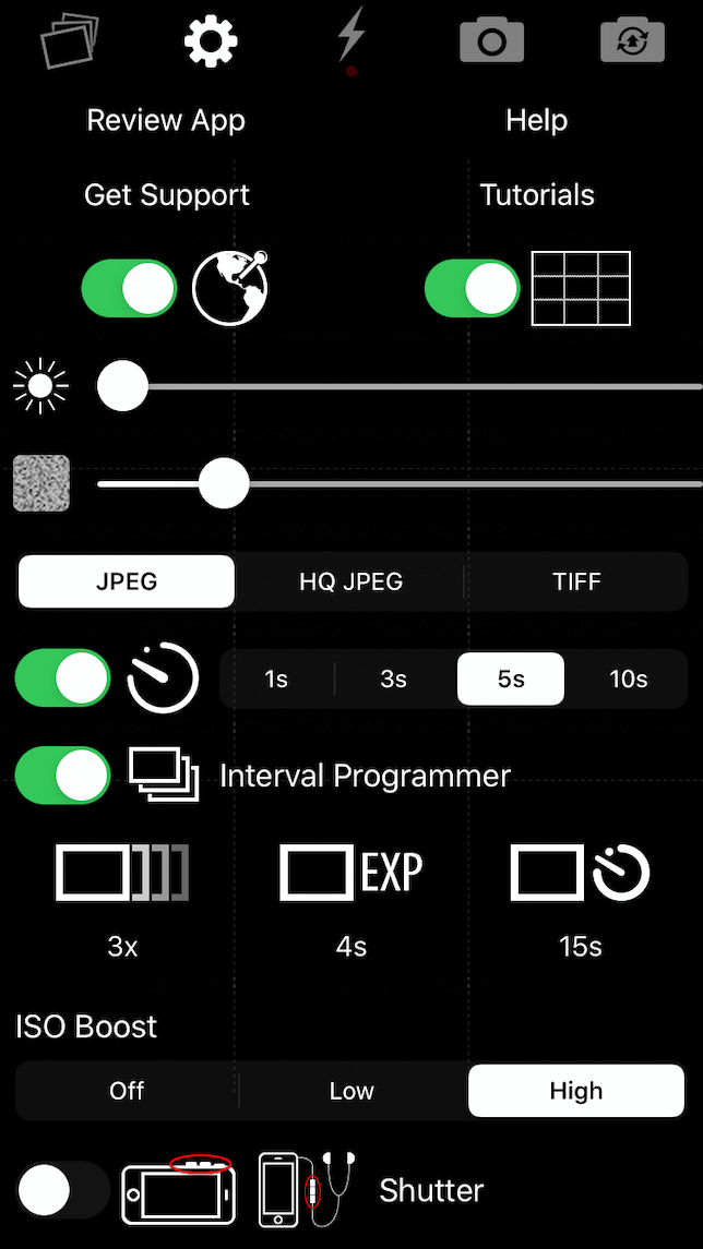 Layar pengaturan di aplikasi NightCap untuk fotografi bintang di iPhone