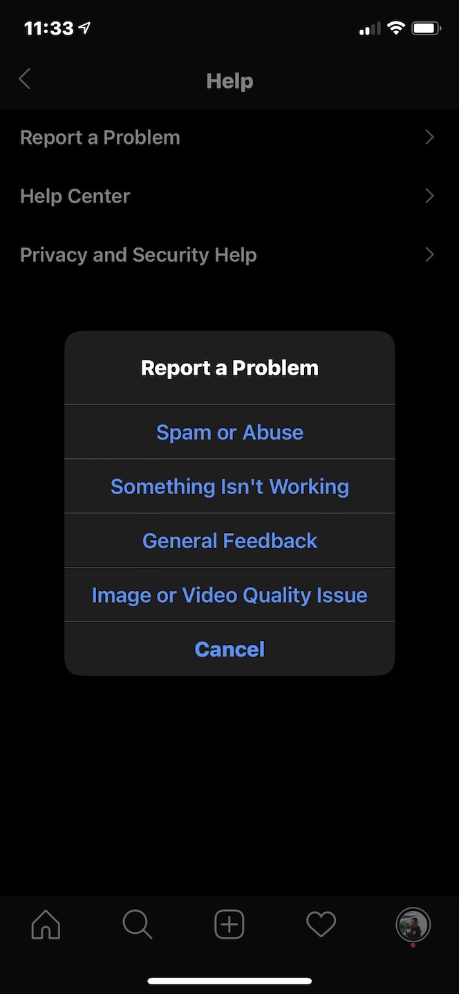 Screenshot showing how to report a problem to Instagram