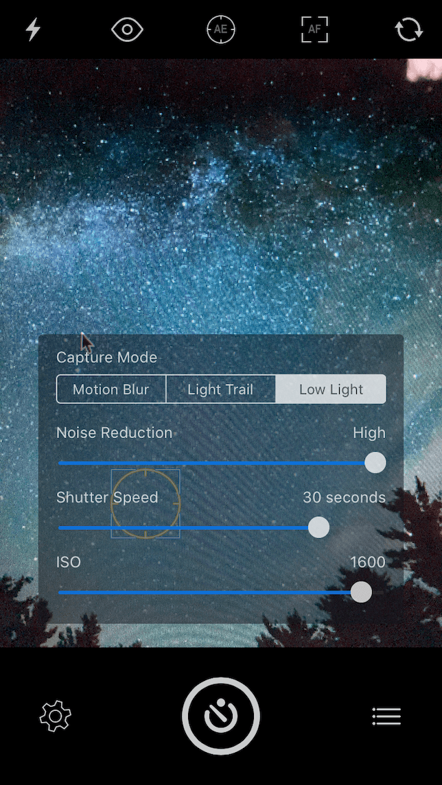 A screenshot of Slow Shutter Cam settings for night photography with iPhone