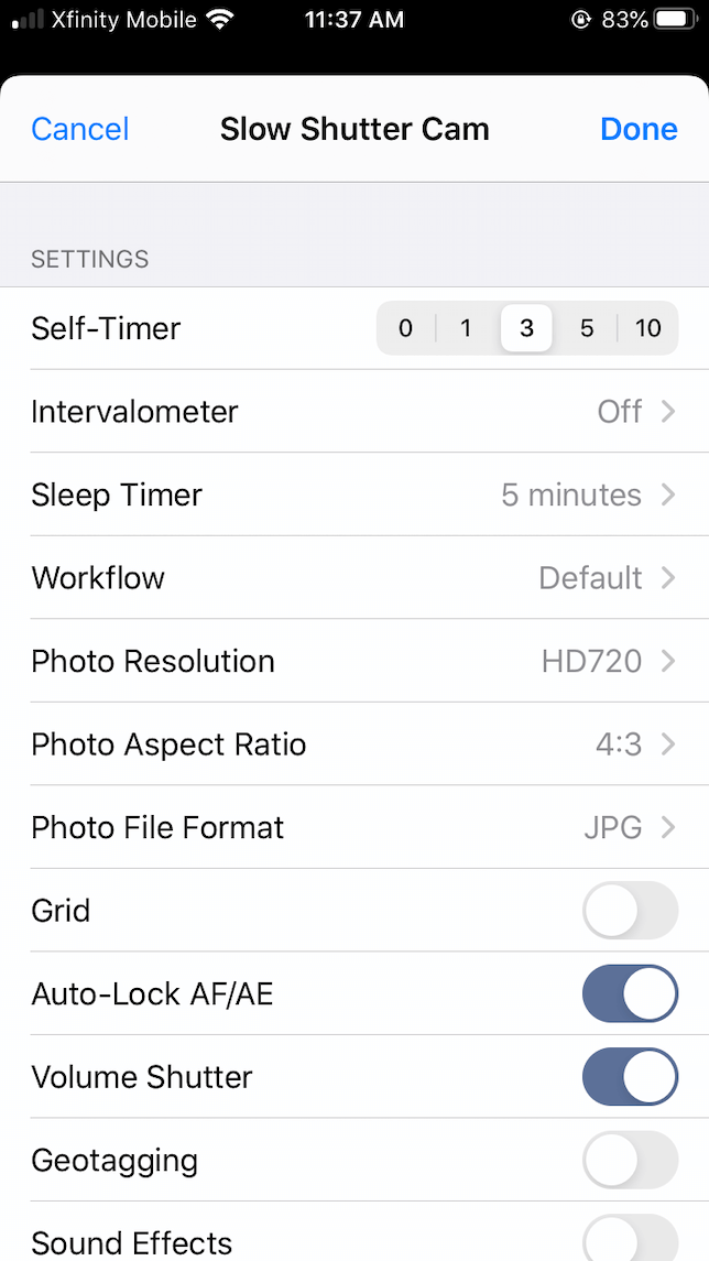 A screenshot of Slow Shutter Cam settings for night photography