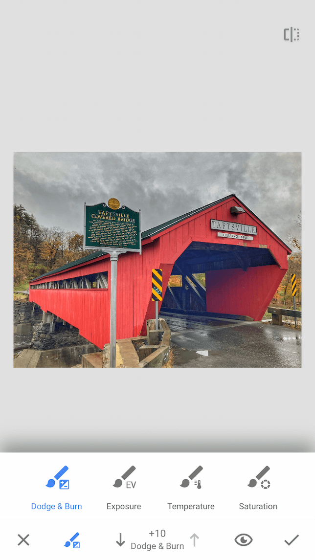A screenshot of a covered bridge to demonstrate how to use the brush tool in Snapseed