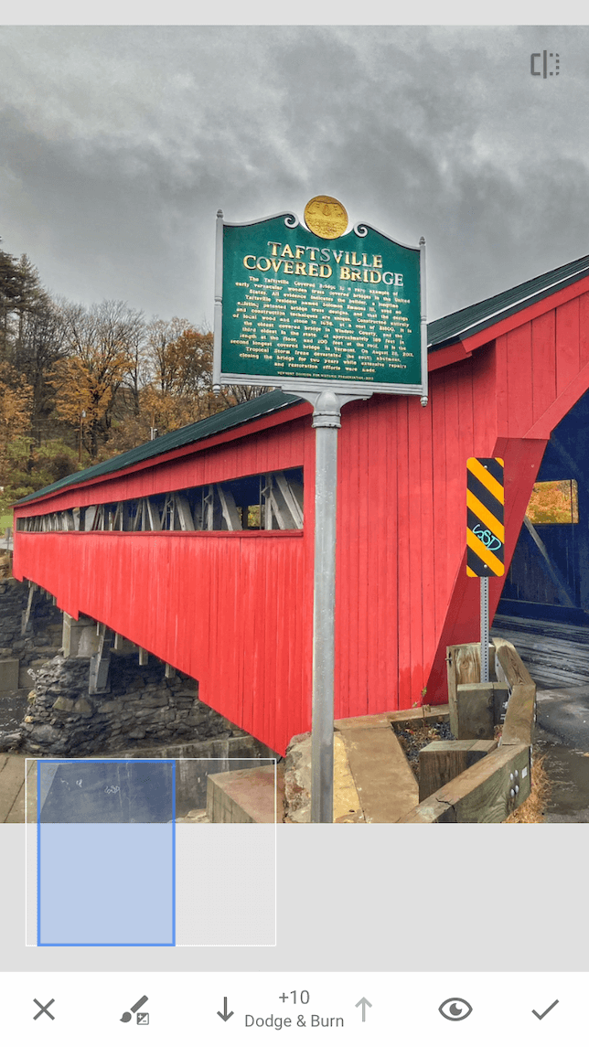 A screenshot of a covered bridge to demonstrate how to use the brush tool in Snapseed