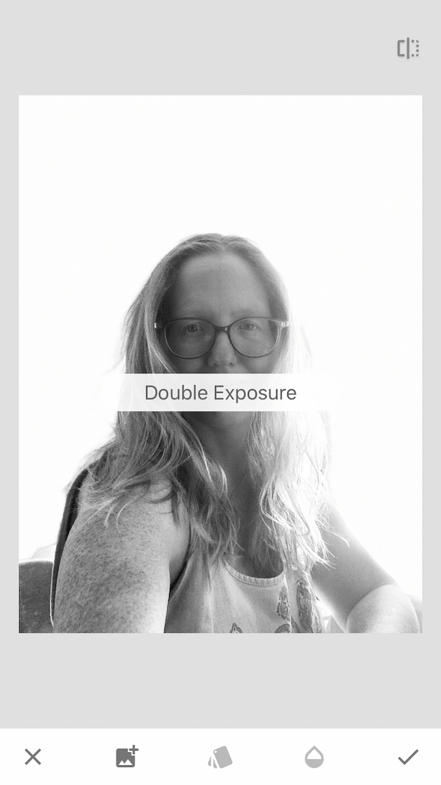 A screenshot of a woman to demonstrate how to use Snapseed's double exposure tool