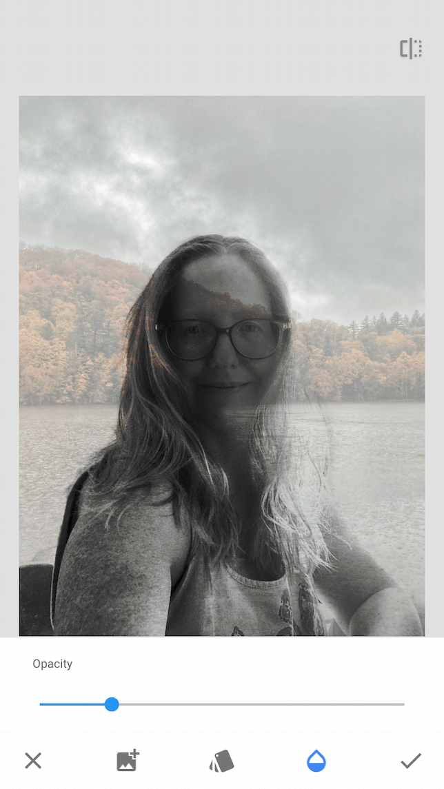 A screenshot of a woman to demonstrate how to use Snapseed's double exposure tool