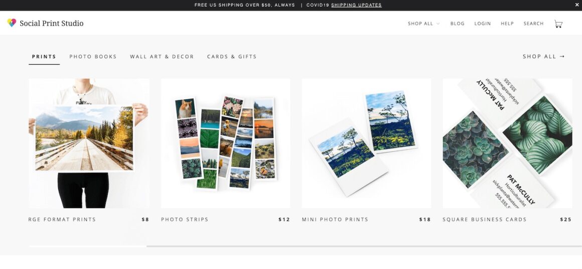 Screenshot of Social Print Studio, a photo printing website that lets you print on a variety of mediums