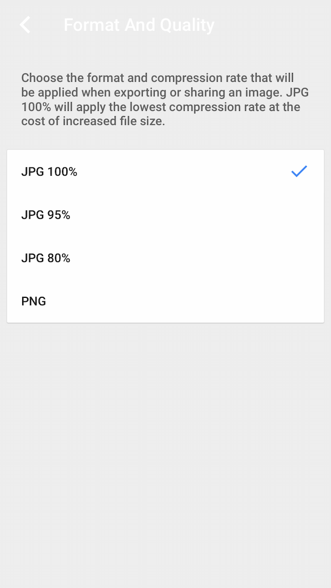 A screenshot showing how to change the photo quality in Snapseed