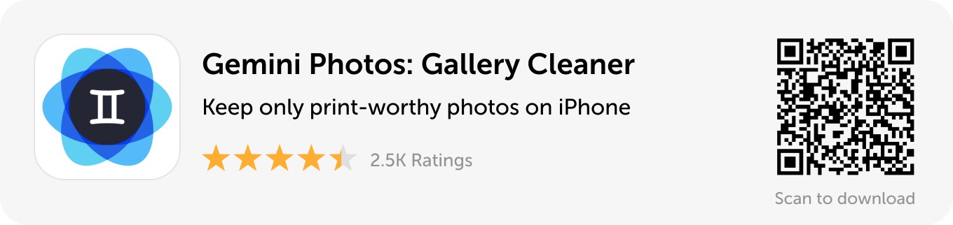 Desktop banner: Download Gemini Photos to keep only print-worthy photos on iPhone