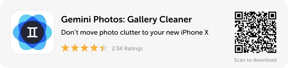 Desktop banner: Download Gemini Photos to clear photo clutter before switching to iPhone X