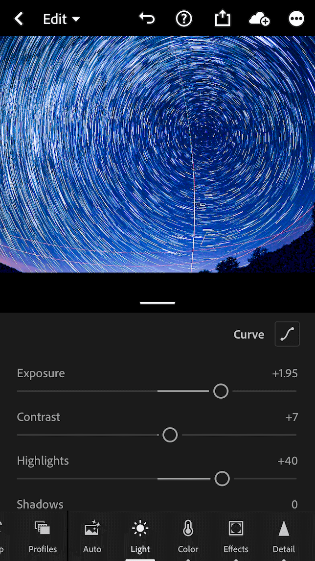 A screenshot showing the settings for editing star trails with Lightroom iOS