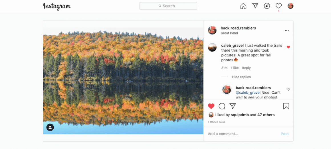 A screenshot of an Instagram photo, as well as examples of engaging comments.