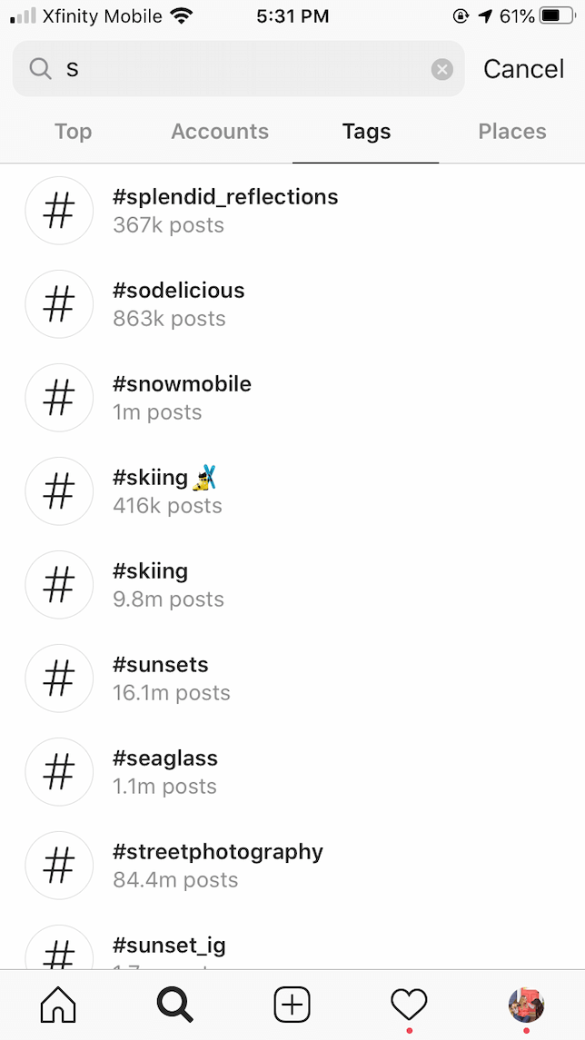A screenshot of Instagram's search engine to use when searching for hashtags