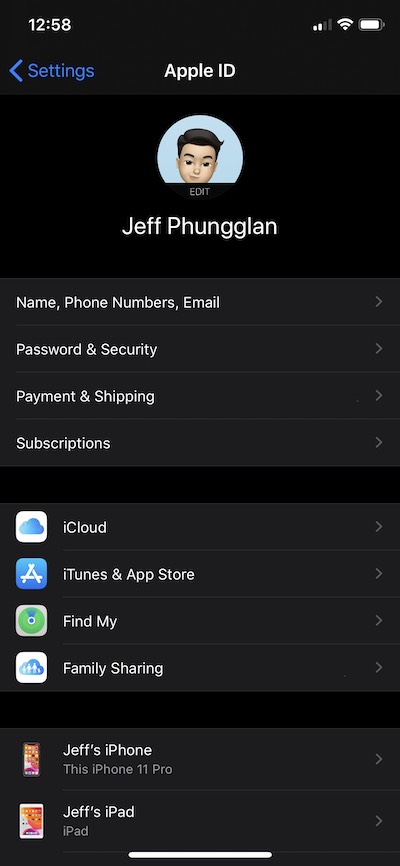 iCloud settings on iPhone
