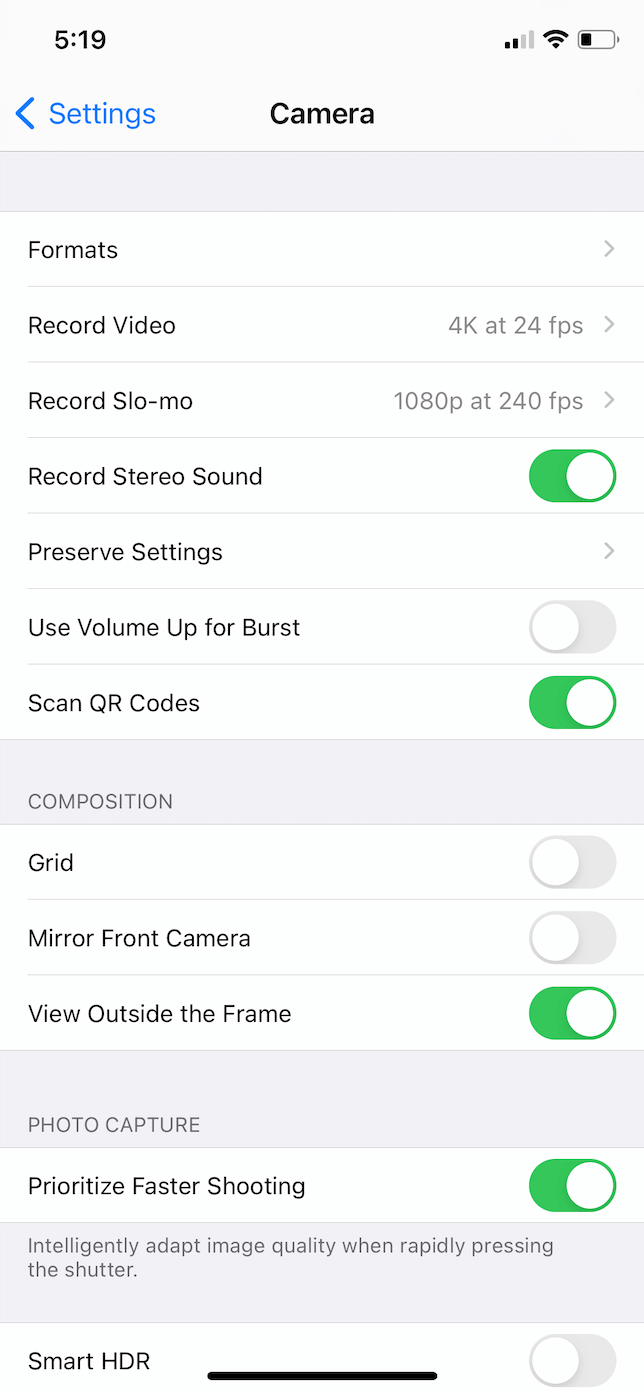 Camera screen in the Settings app of iOS 14