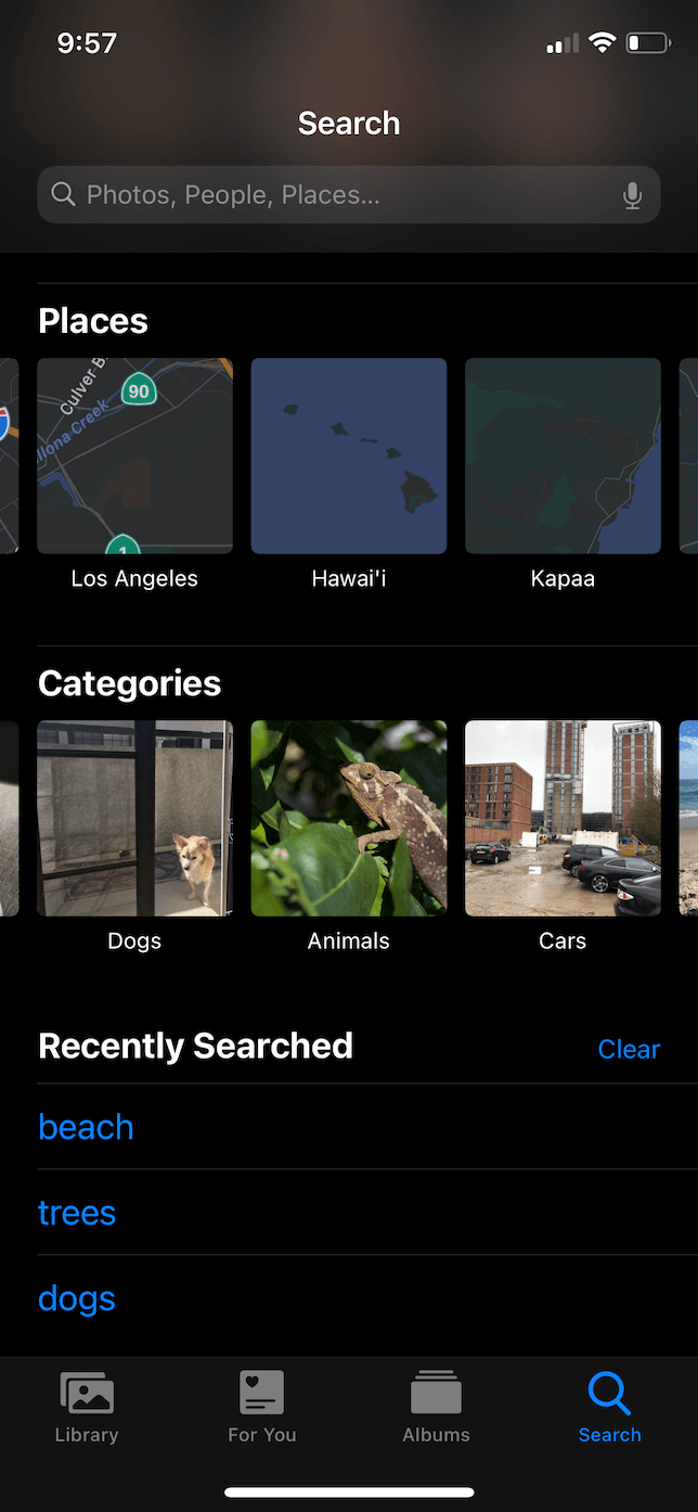 Screenshot of Photos app in iOS organized by places.