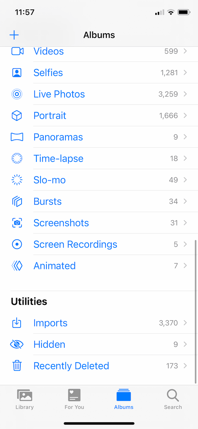 Screenshot of Albums tab in the Photos app.
