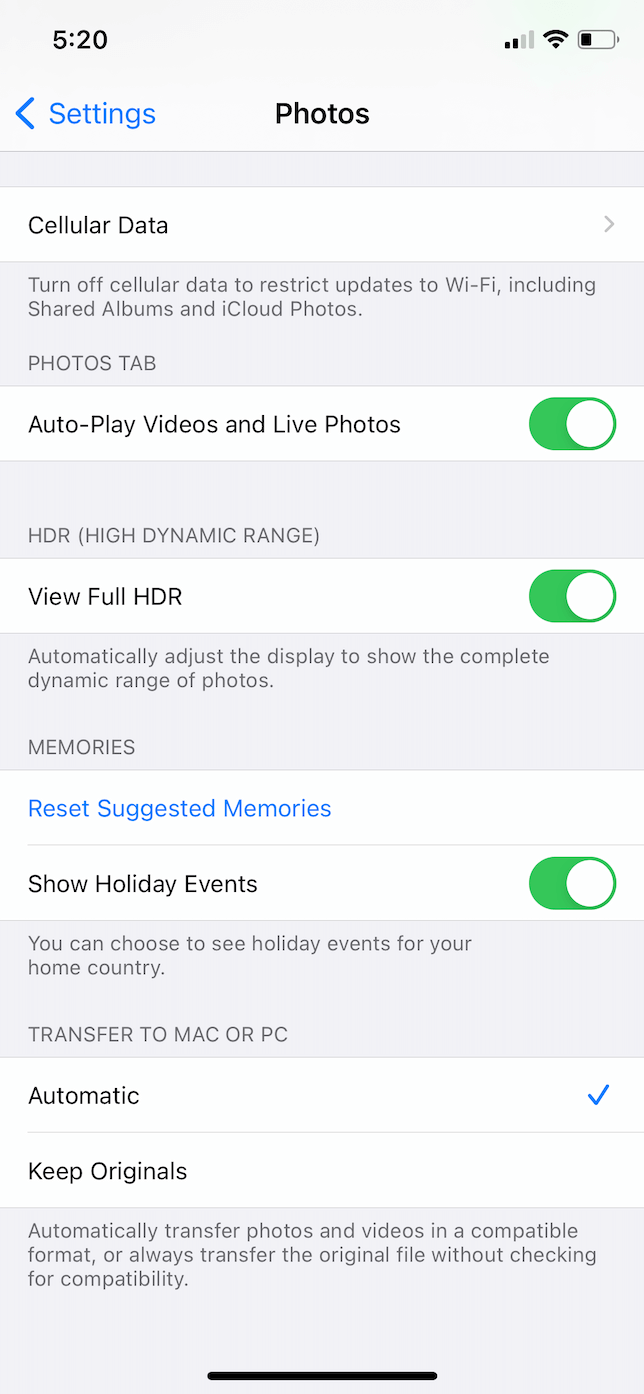 Photos screen in Settings app to choose to transfer pics as HEIC or JPG