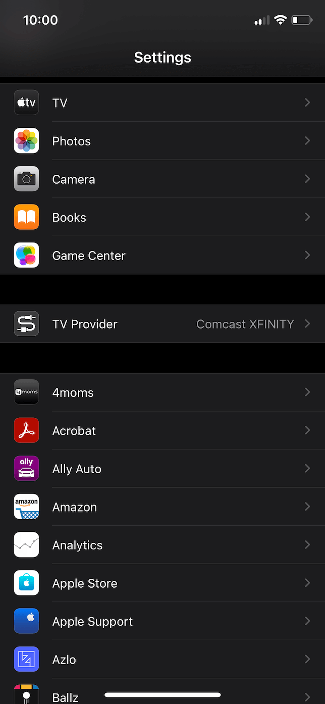 Screenshot of the Settings app in iOS.