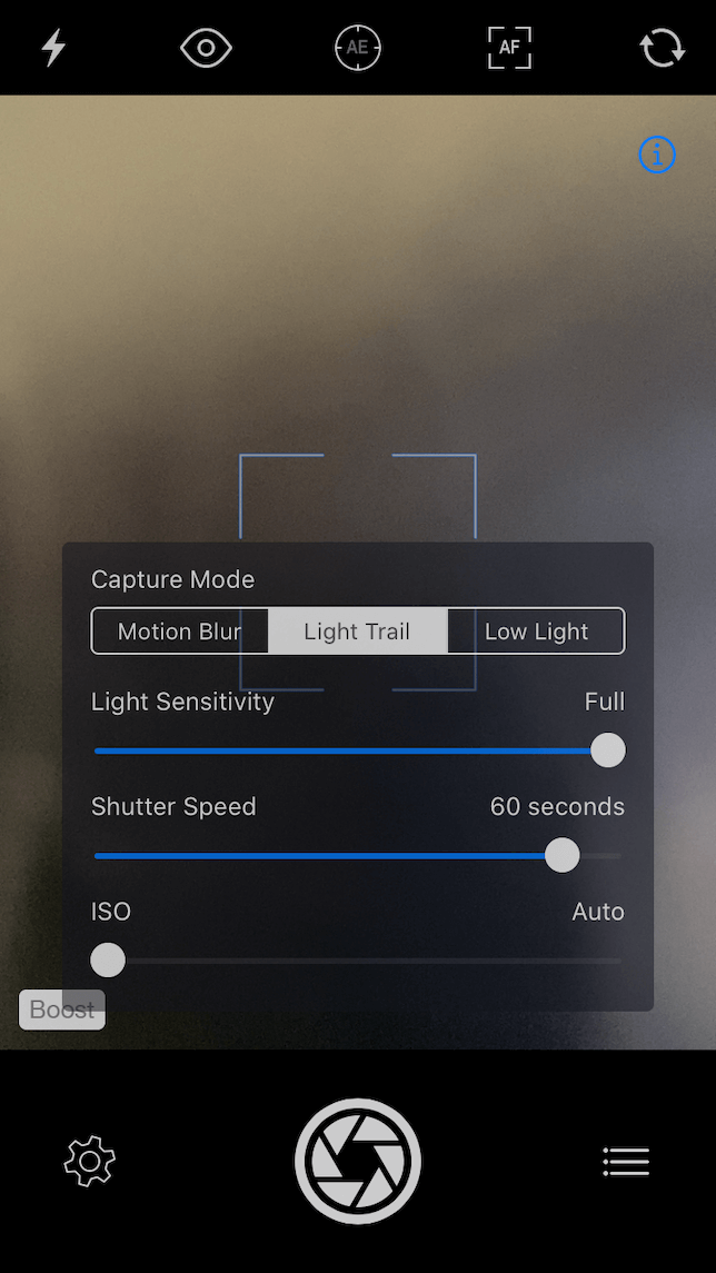Settings screen on Slow Shutter Cam for star trail photography on iPhone