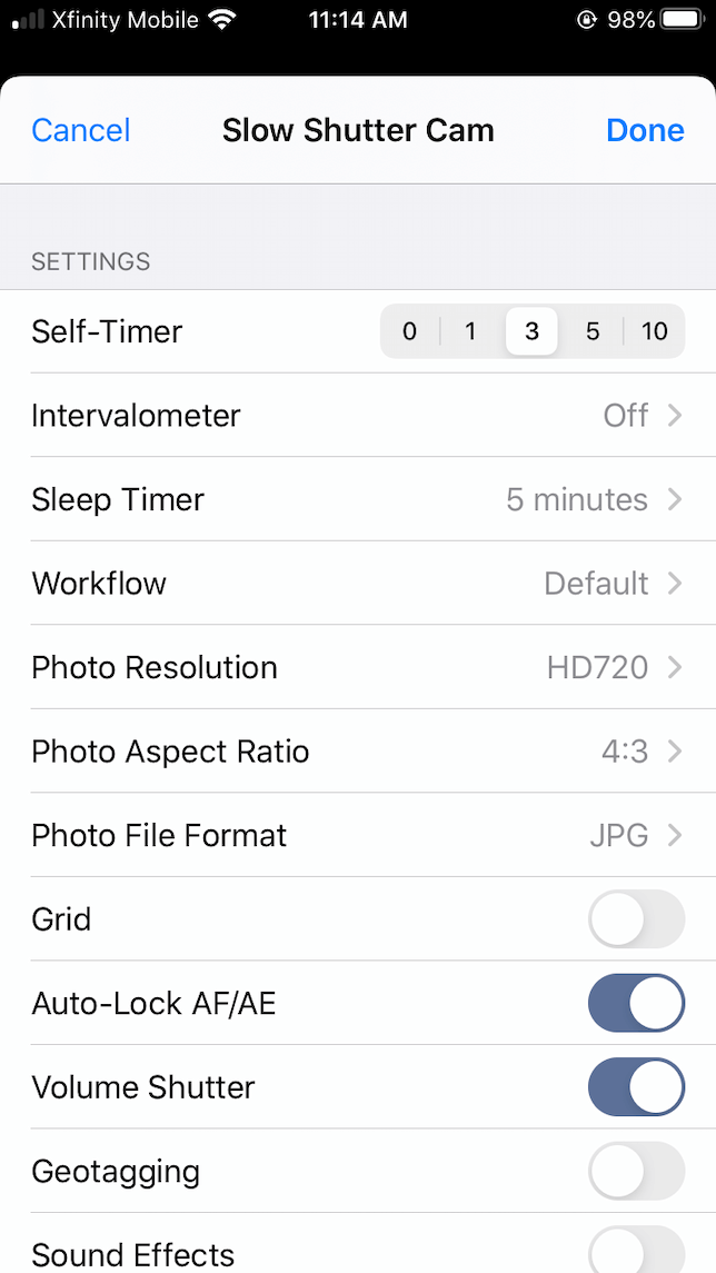 The settings screen for taking star trail photos using Slow Shutter Cam