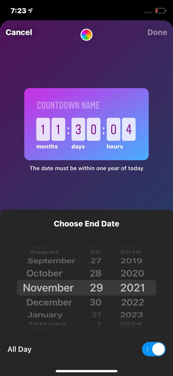 Second screenshot showing how to add a countdown to Stories