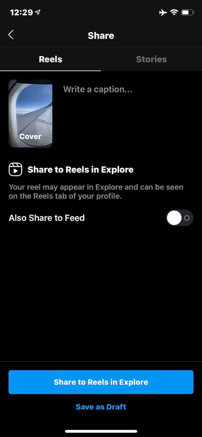 Screenshot showing how to add Reel to Instagram feed