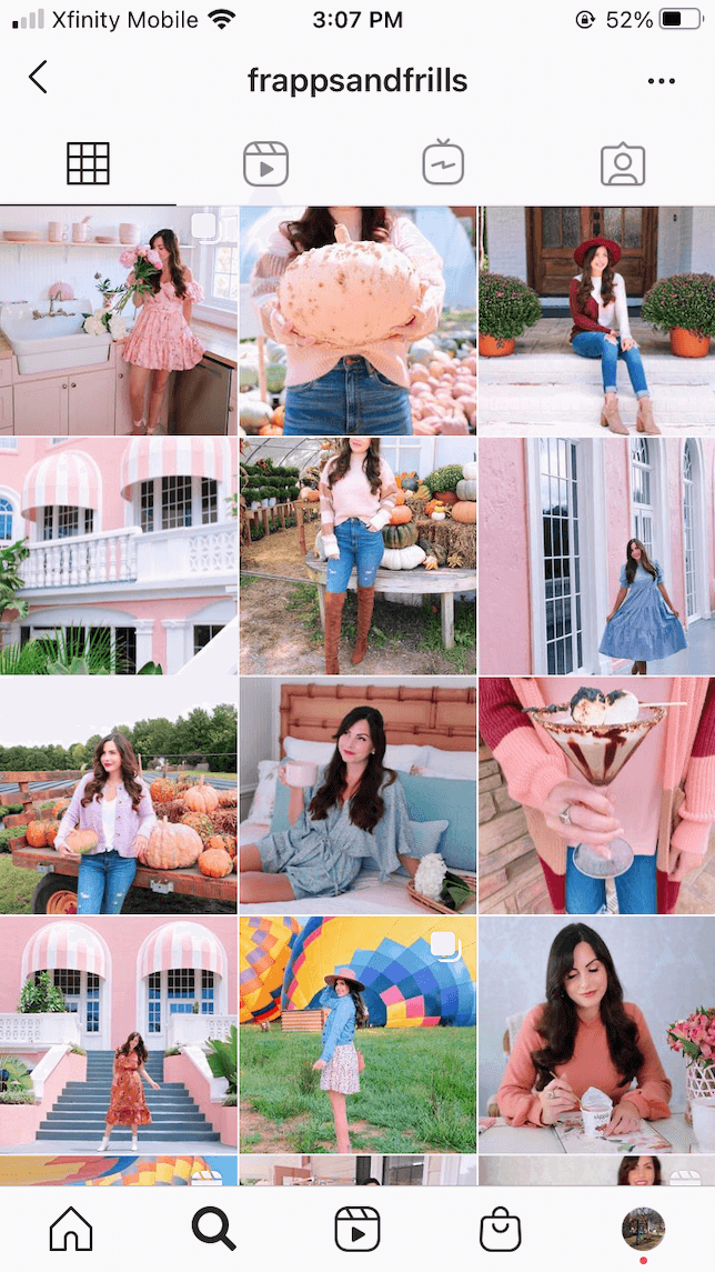 A screenshot of an Instagram theme featuring lots of photos with pink colors and selfies.