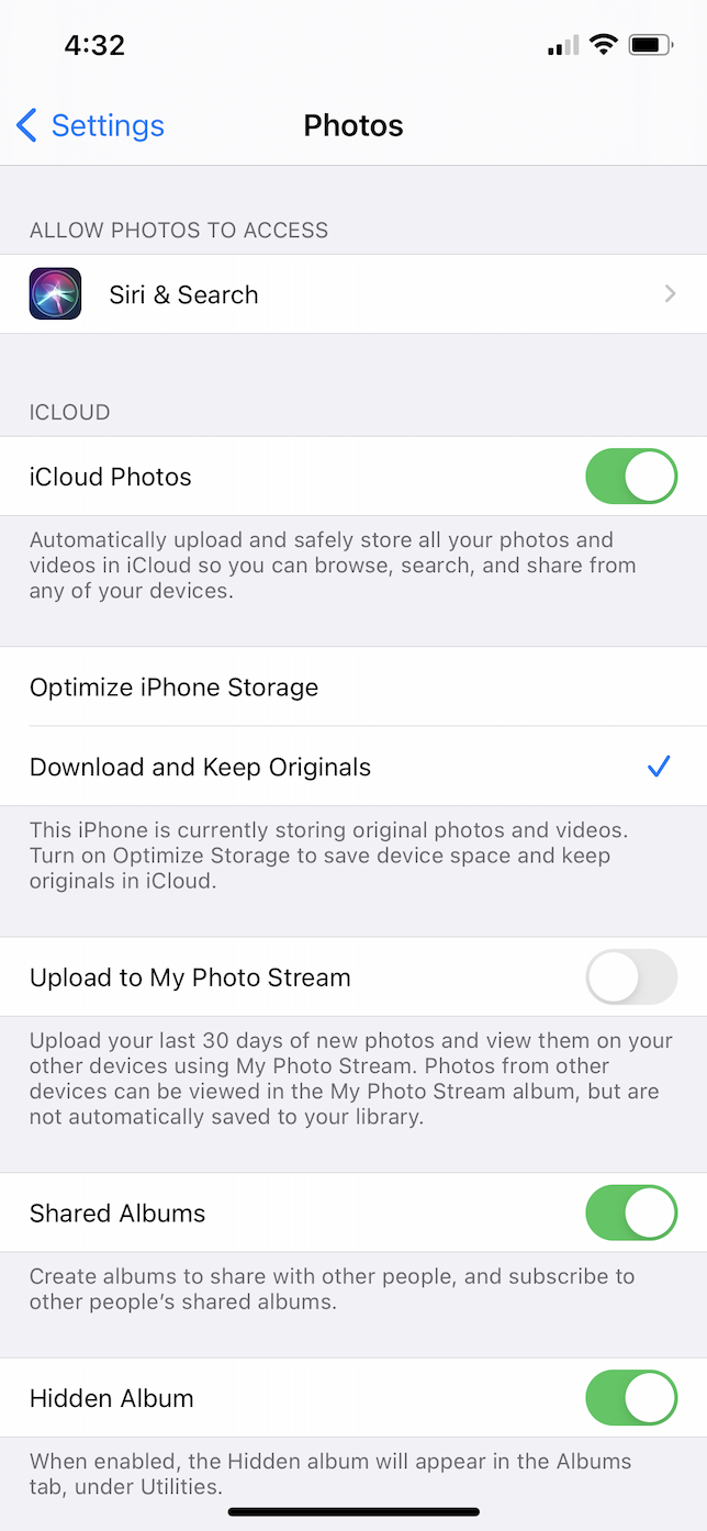 Screenshot of the Photos page in the iOS Settings app.