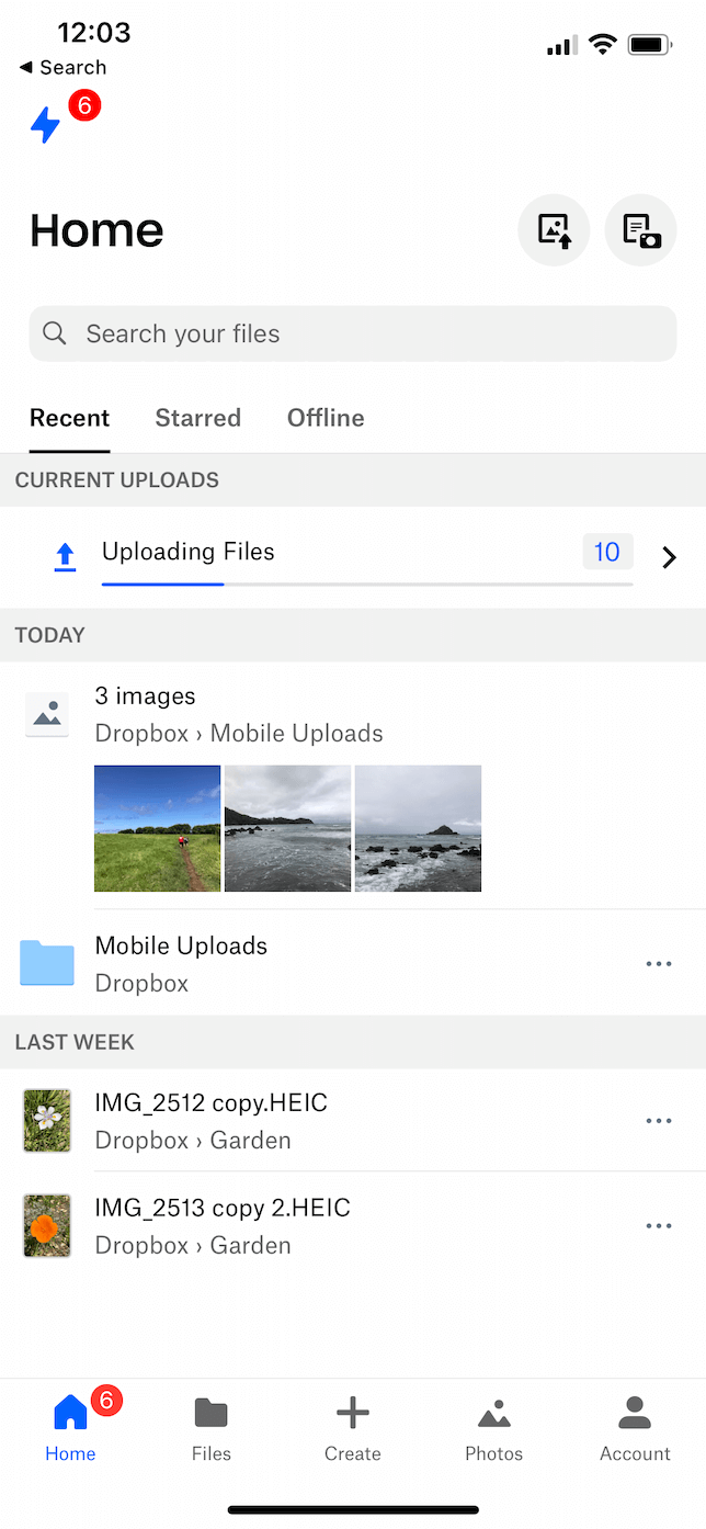 Screenshot of pics uploading to Dropbox on iOS.