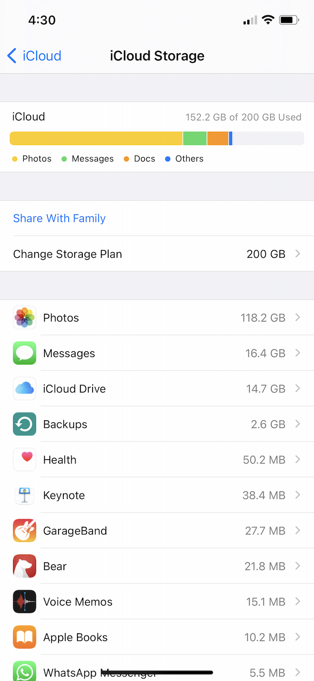 Screenshot of iCloud Storage page in Settings app.