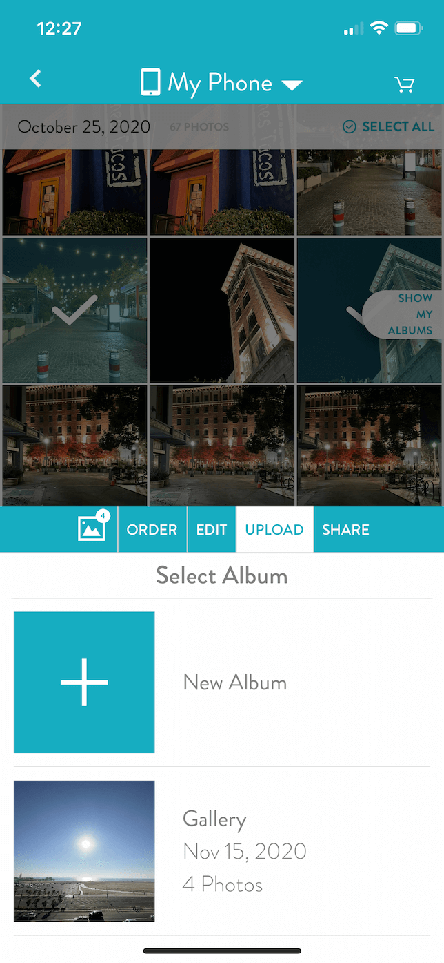 Screenshot of uploading pics in Snapfish for iOS.