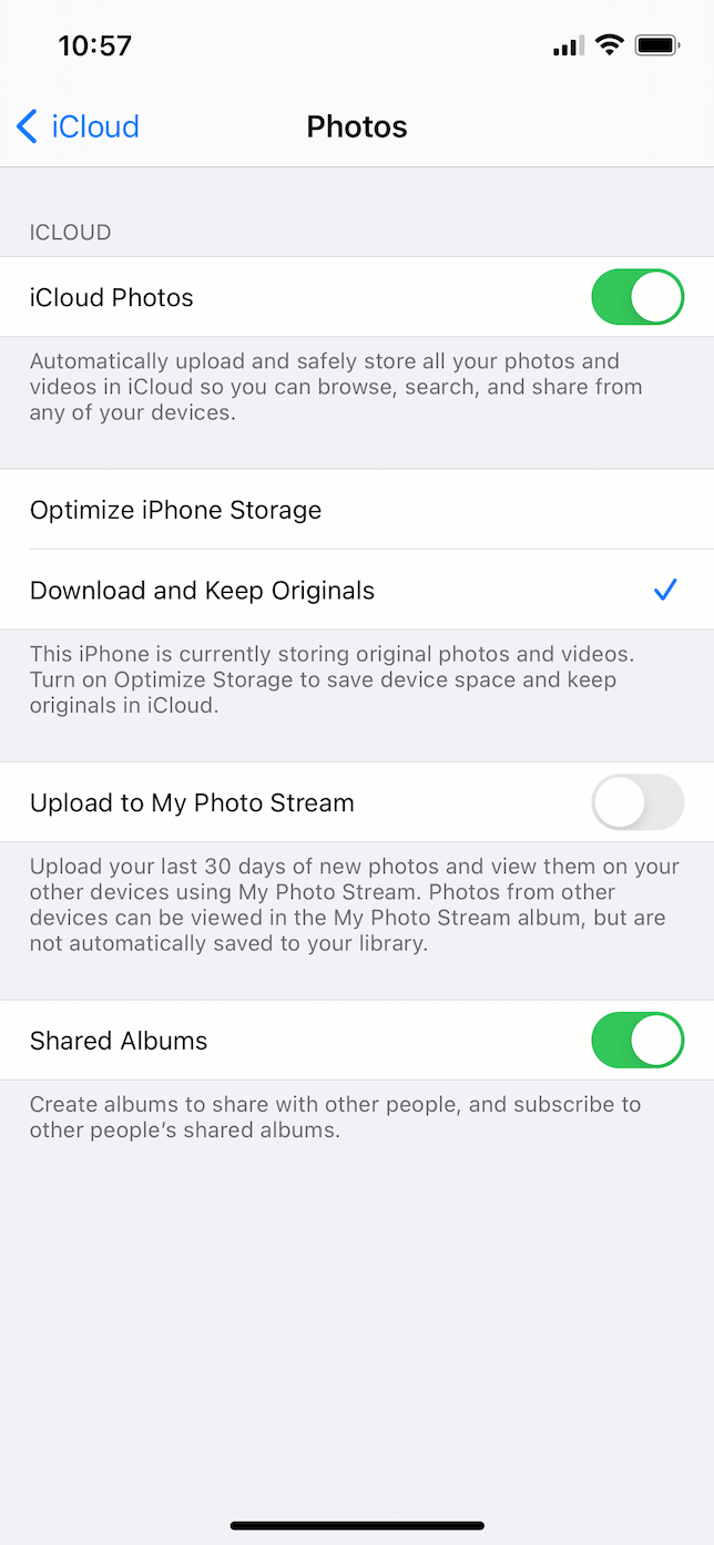 Screenshot of iCloud Photos settings on iOS.