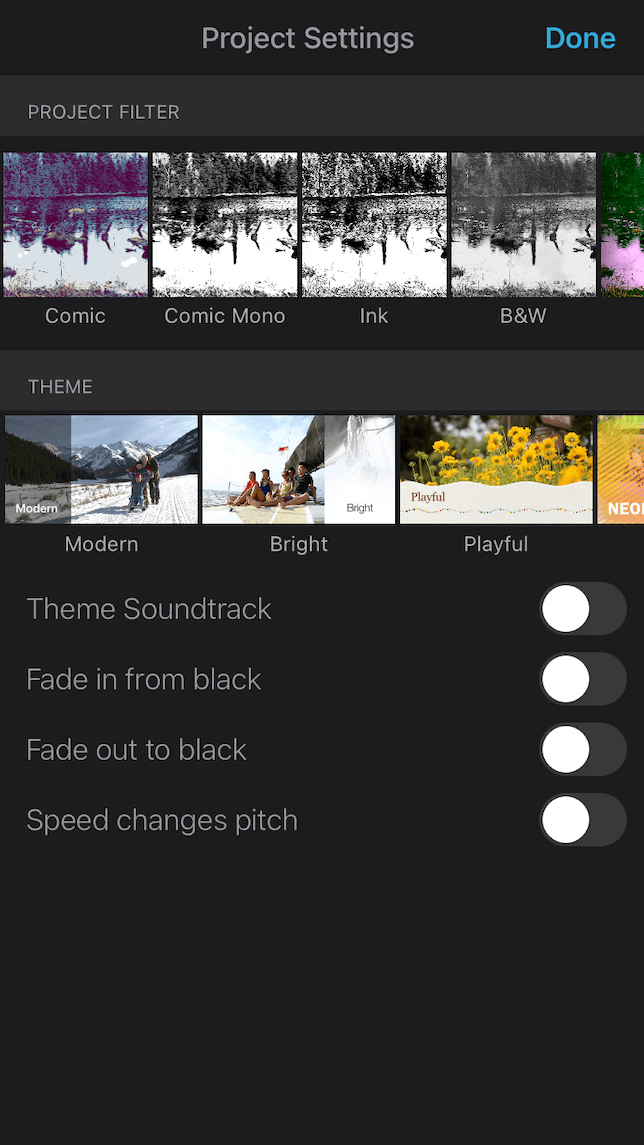 imovie filter and theme settings for iPhone