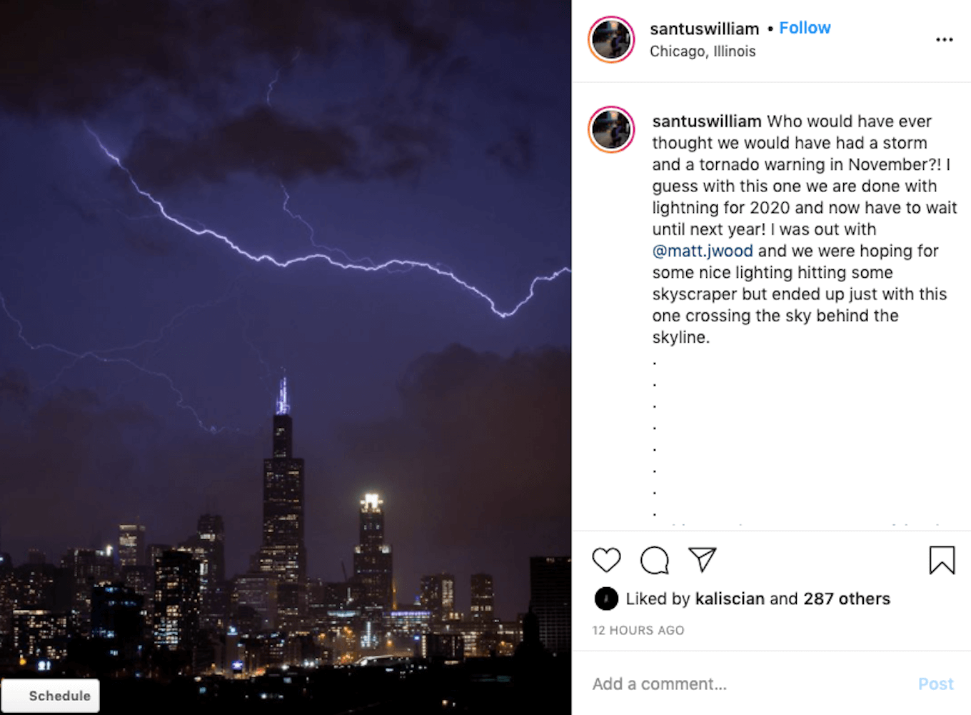 An instagram screenshot showing a lightning strike over a cityscape