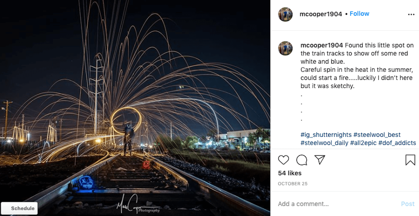 An Instagram screenshot featuring steel wool painting