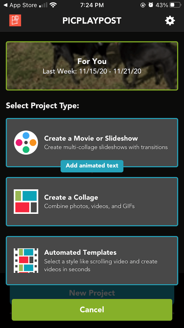 intro screen for PicPlayPost video editor app