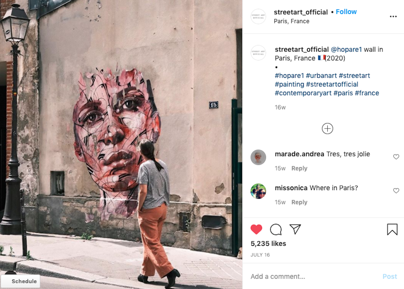 An Instagram screenshot featuring a mural of a woman's face. Another woman is walking by looking at the mural.