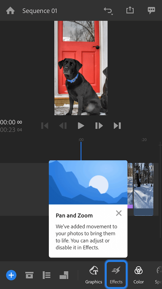 A screenshot showing Pan and Zoom effects using Adobe Premiere Rush