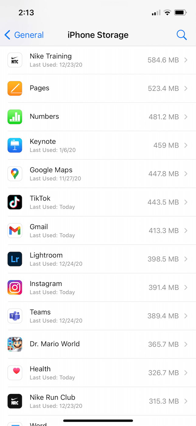 Screenshot of iPhone Storage window in Settings app.