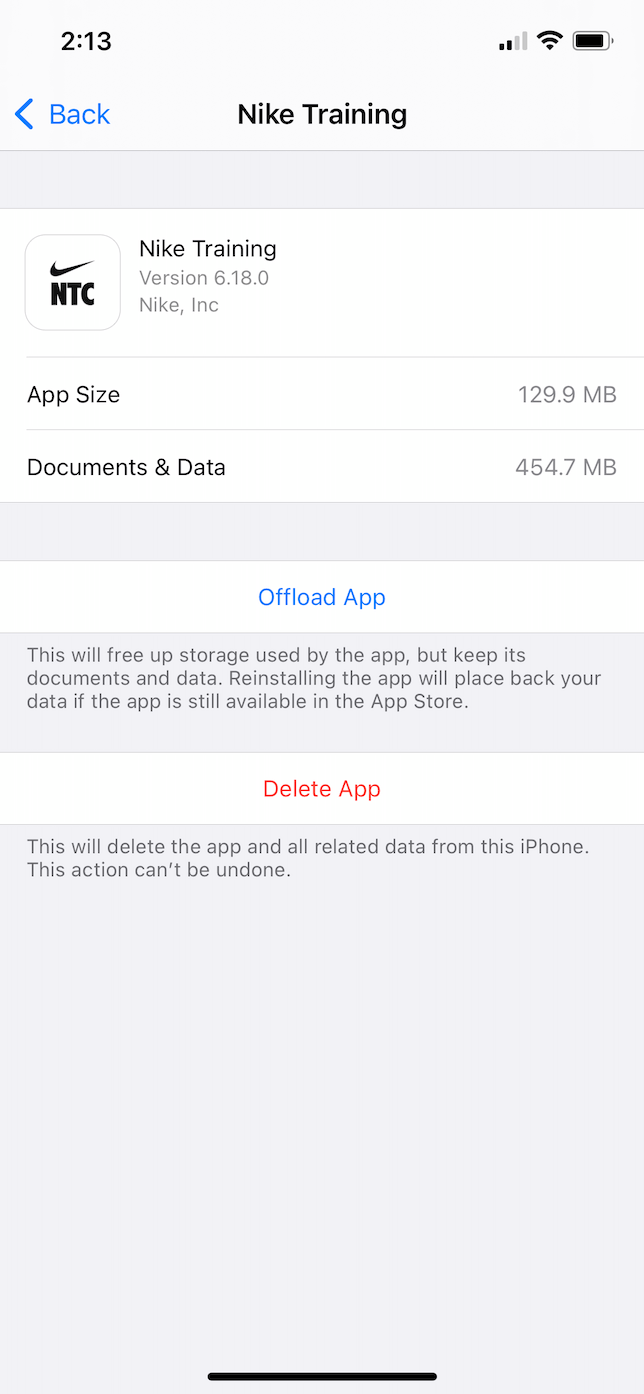 Screenshot of Nike app's storage window.