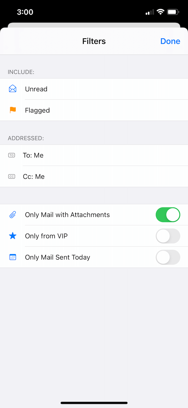 Screenshot of filter settings in Mail app.