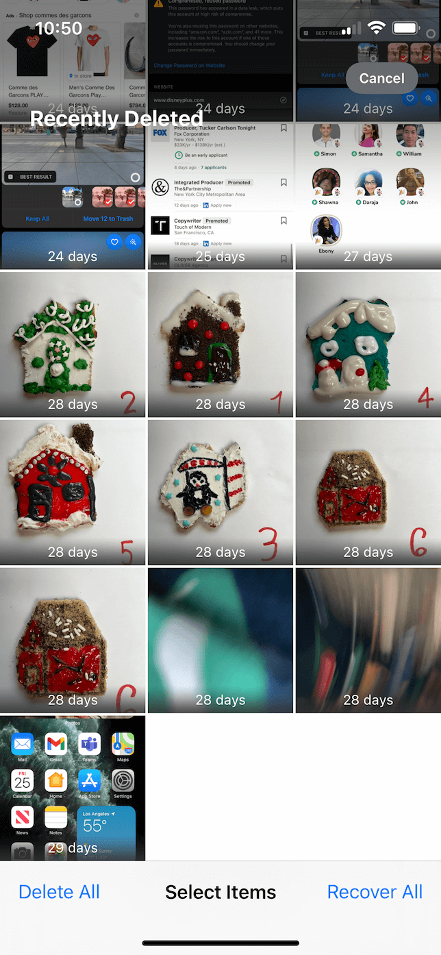 Screenshot of the Recently Deleted album in Photos app.