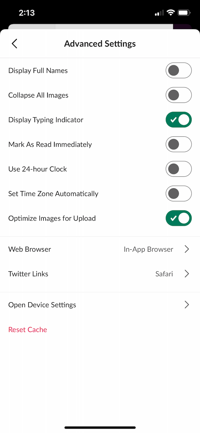 Screenshot of Advanced Settings window in Slack.