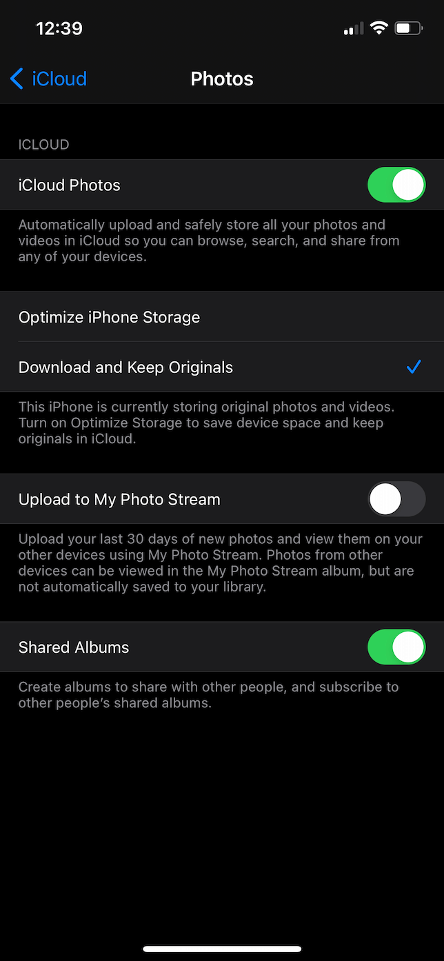 Captura de tela da página Fotos nas configurações do iOS